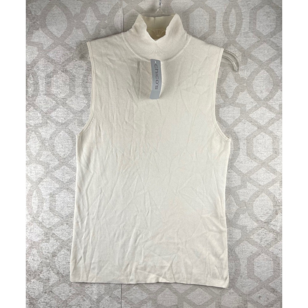 Chico's Isabelle Silk Blend Ivory Mock Neck Sleeveless Sweater Top 1 M NWT Cream